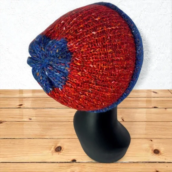 Handmade Cotton Alpaca Tweed Knit Blue Denim & Strawberry Red Unisex Beanie - Picture 5 of 10